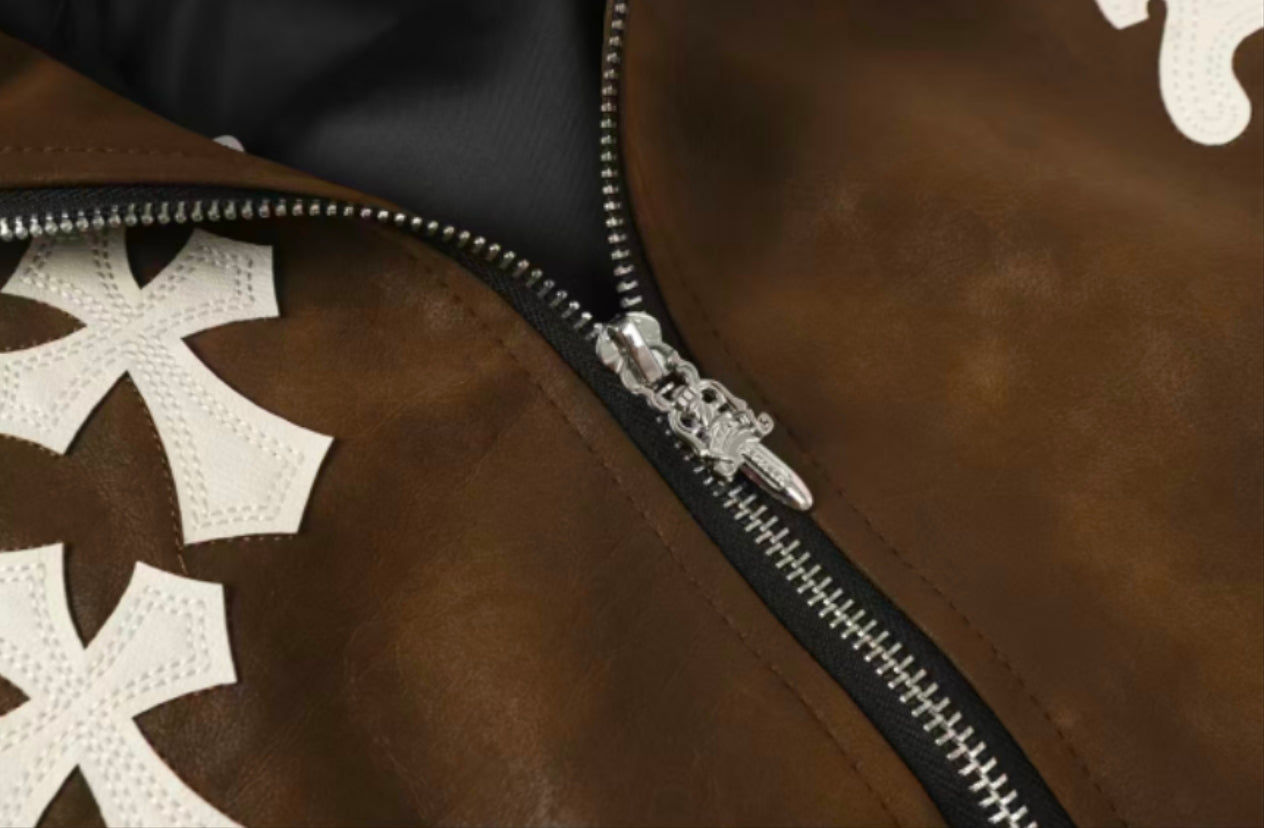 Cross Patch Suede Jacket - Brown Gothic Streetwear Outerwear 8833